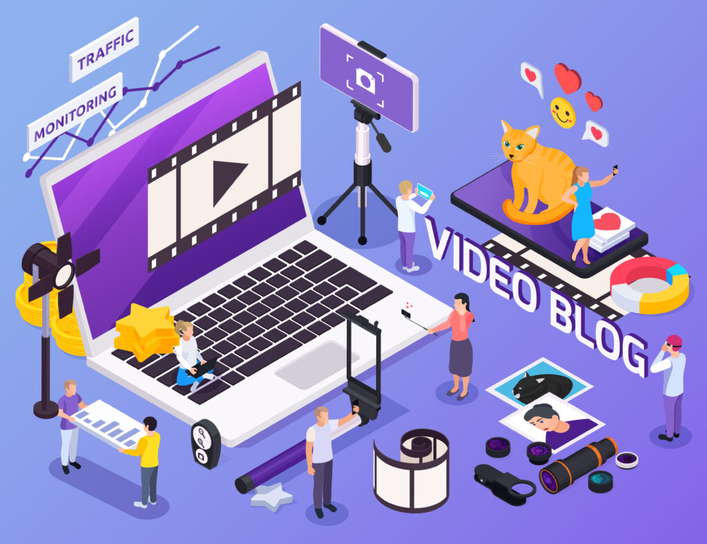 People using equipment for taking photos making videos and keeping blog isometric composition 3d vector illustration