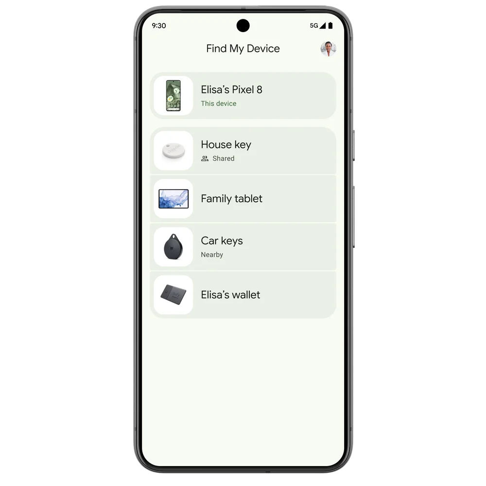 An illustration showing Google's Find My Device capability to keep track of everyday items with compatible Bluetooth tags