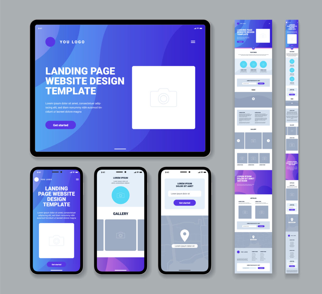 Set of modern website landing page design templates for mobile phone or tablet with gallery articles contact form flat isolated illustration