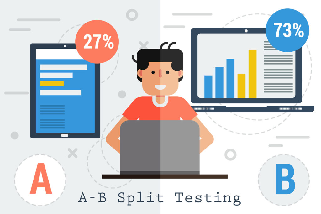 Vector concept of split testing a-b comparison computer process or web application. Laptop and tablet with graphics, percentage figures and happy working man user in flat style