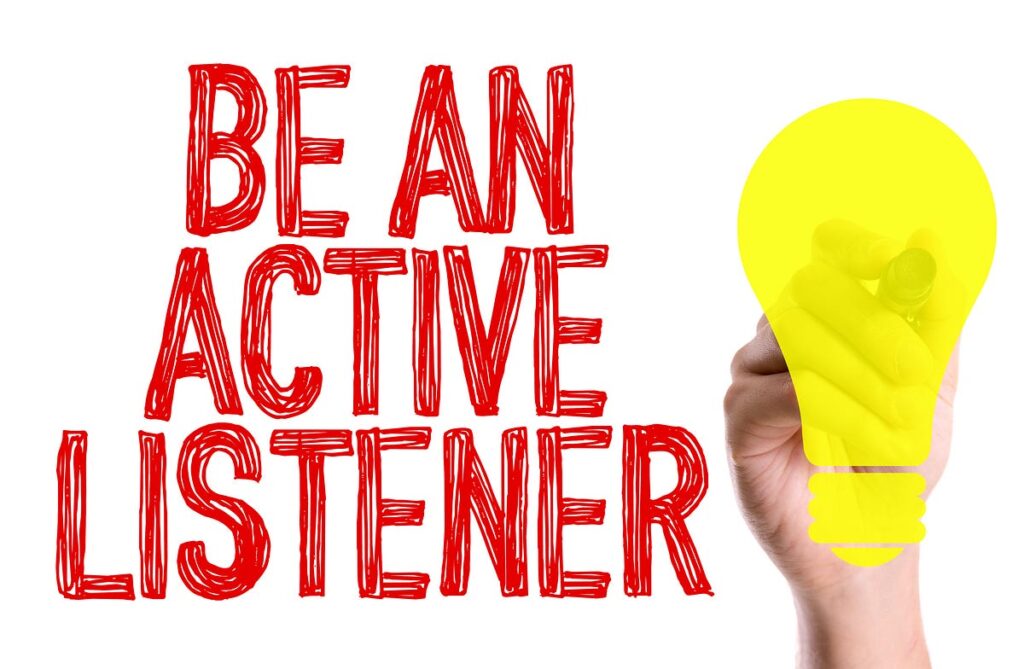 Be an active listener text with a lightbulb illustration