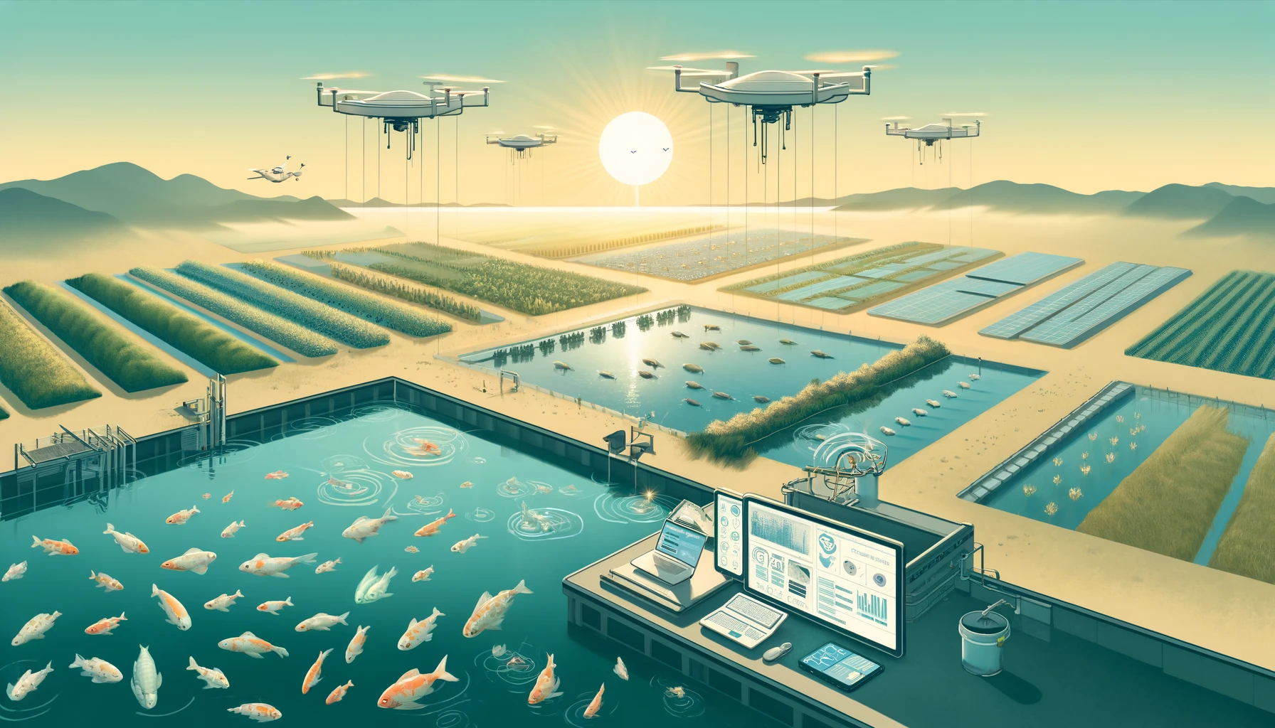 eco-friendly fish farming enhanced by technology, with a simple and clear style, perfect for highlighting the new dawn in sustainable aquaculture.