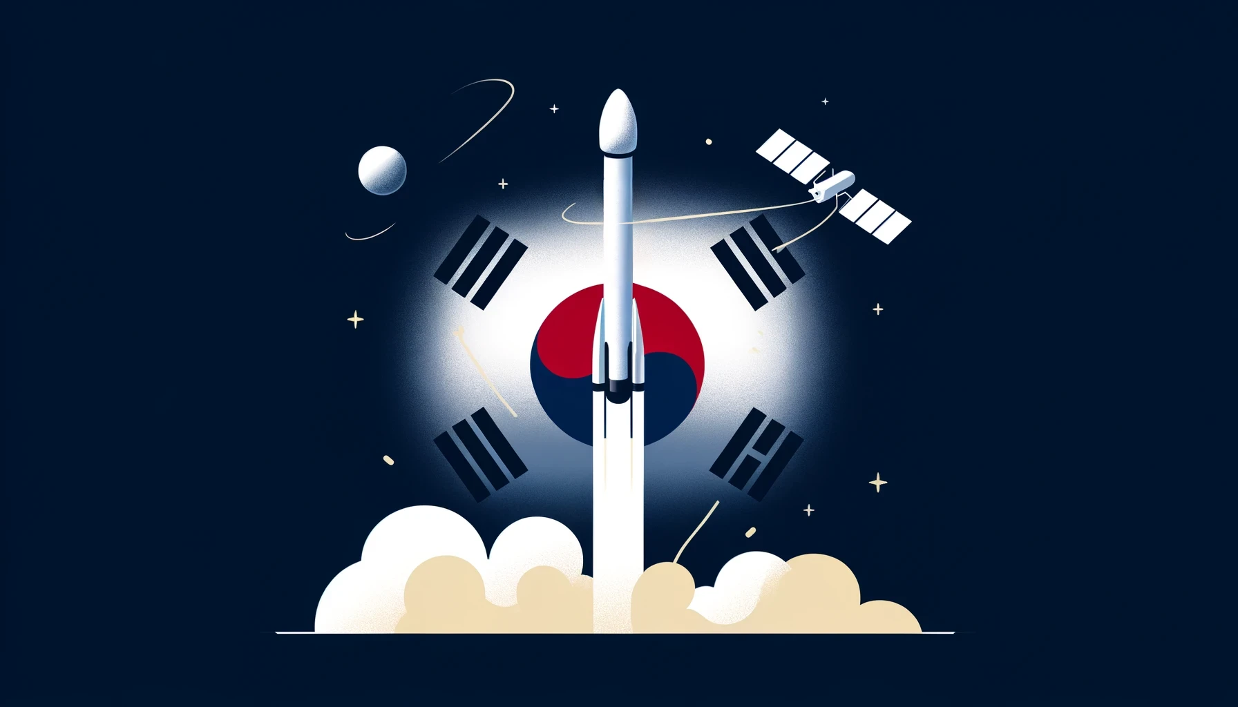 SpaceX rocket launch and subtly incorporate elements representing South Korea, including a second spy satellite, in a clean, modern design suitable for conveying the theme of space exploration and international rivalry.