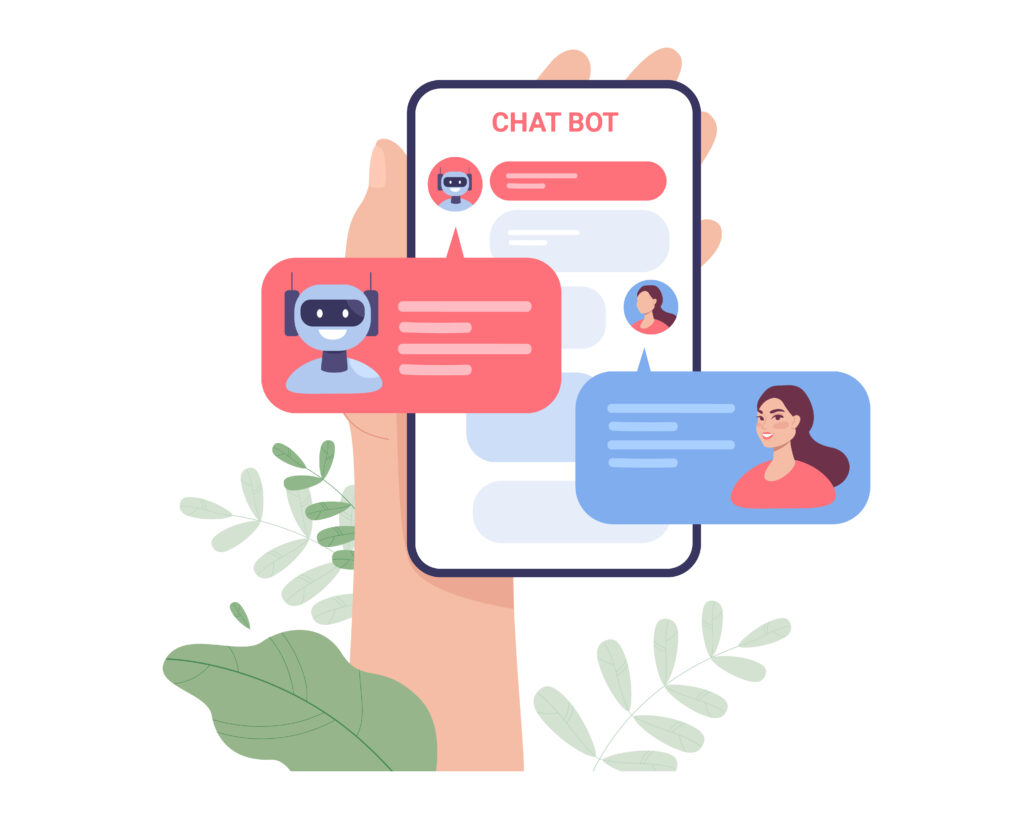 Hand holding phone with conversation of girl and chat bot. Mobile app for talking to robot online flat vector illustration.