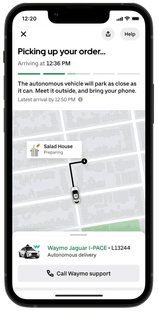 An Uber Eat app showing a Waymo Jaguar-I-PACE on its way to pick up an Uber Eat order.