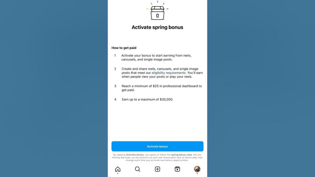 A screenshot demonstrating the steps to activate Instagram's Spring Bonus Program.