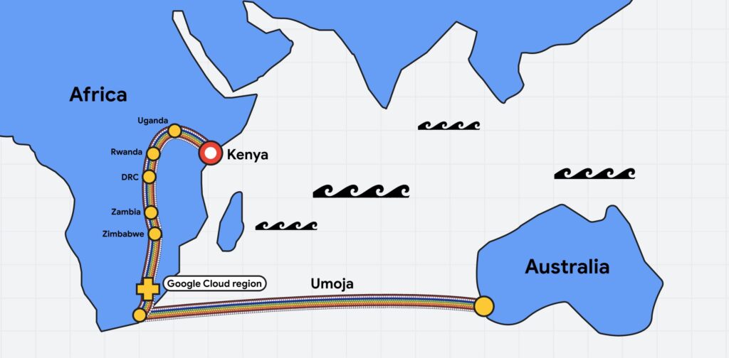 Umoja cable route that directly connect Africa with Australia