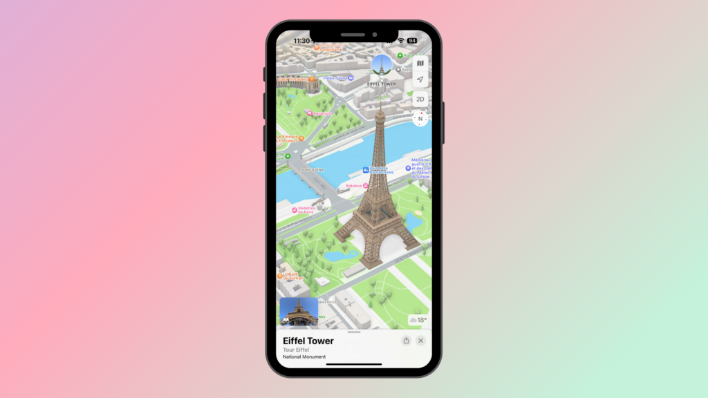3d view of Eiffel Tower and Pont d'Iéna on Apple Maps