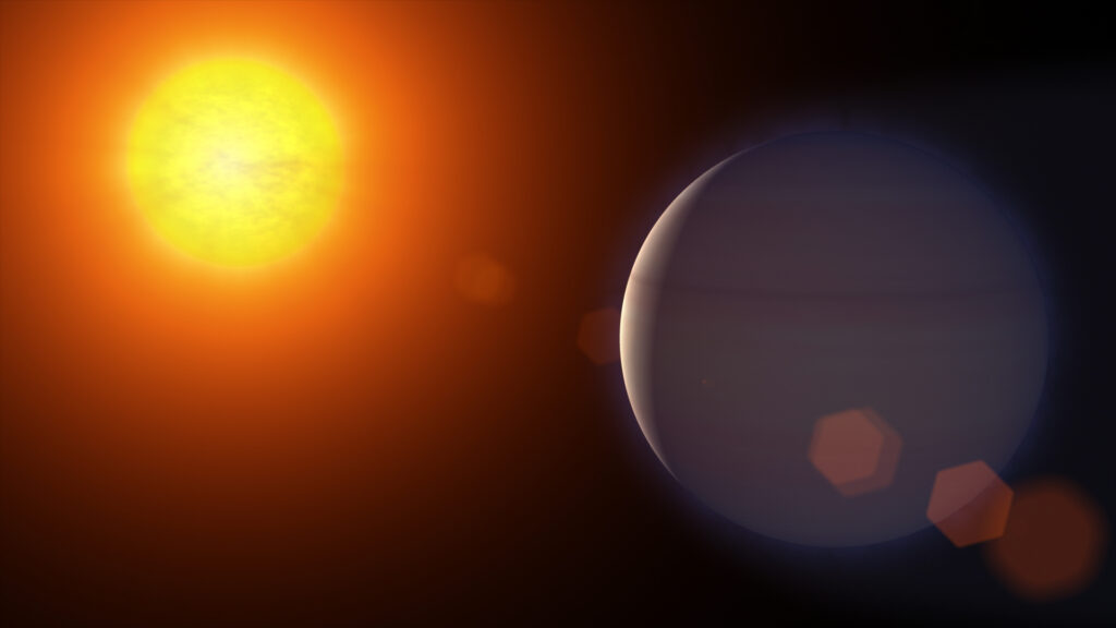 An artist's depiction of the exoplanet, HD 189733b's flare, and atmospheric loss would look like.