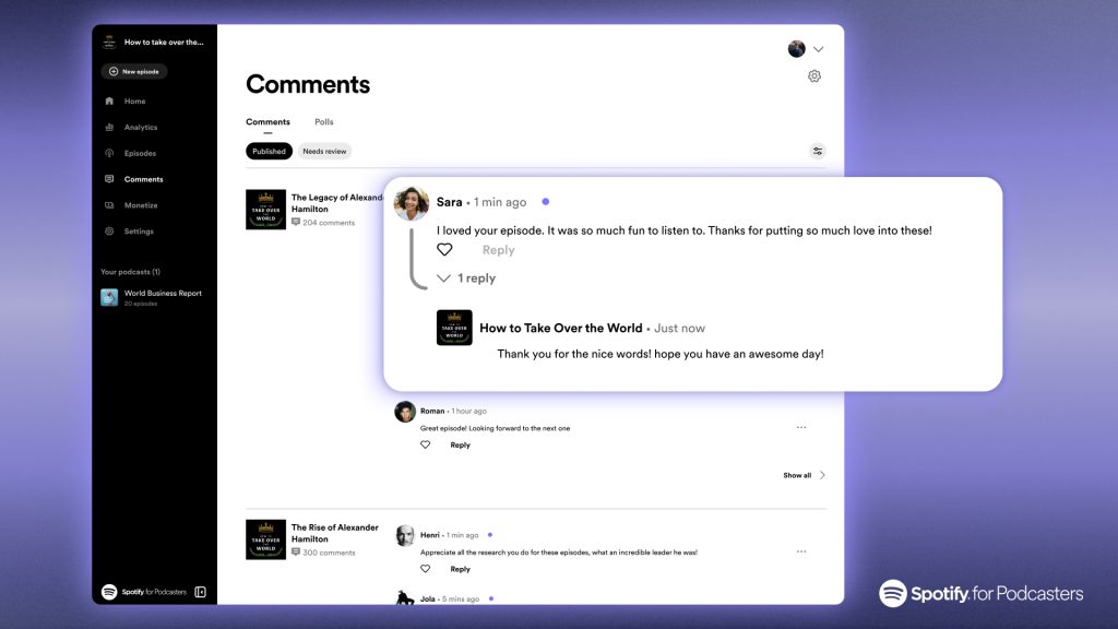 Creators are able to like and reply to comments on Spotify for Podcasters web app.