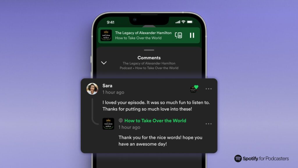 Creators are able to like and reply to comments on the Spotify for Podcasters mobile app.