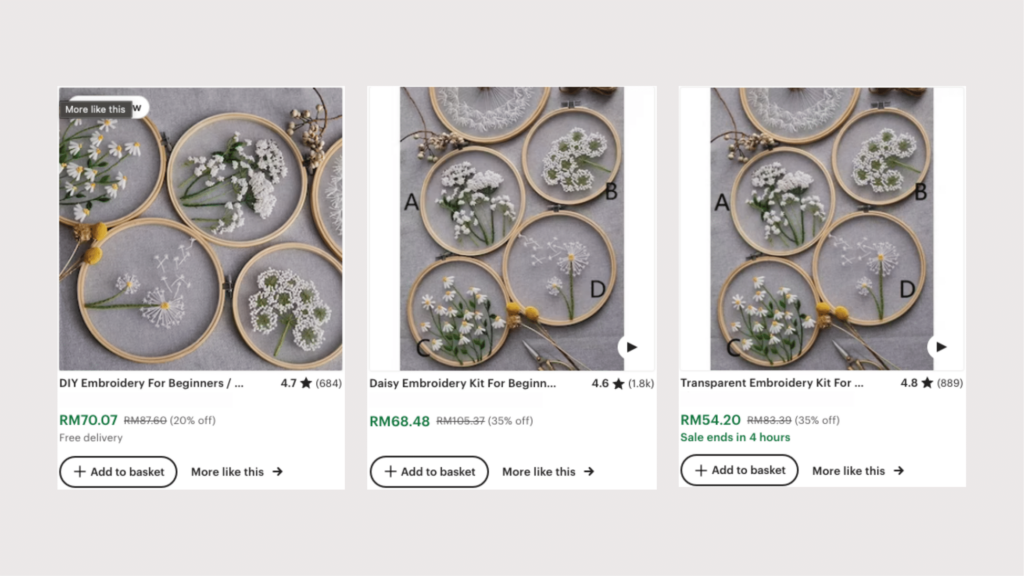 Pricing comparison of different embroidery kit product listing on Etsy