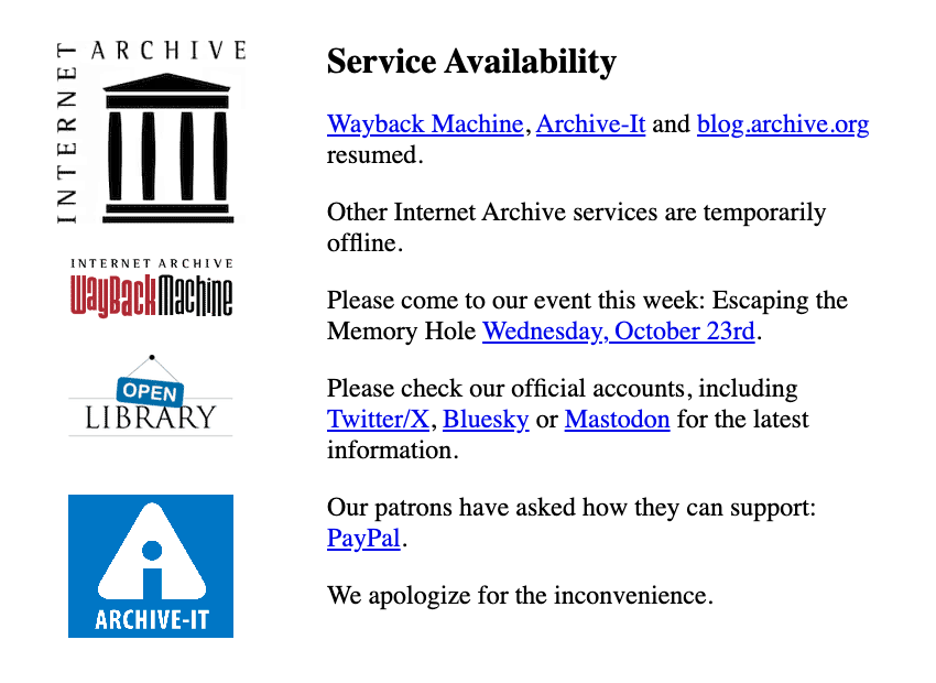 Internet Archive homepage after 4th cyberattack