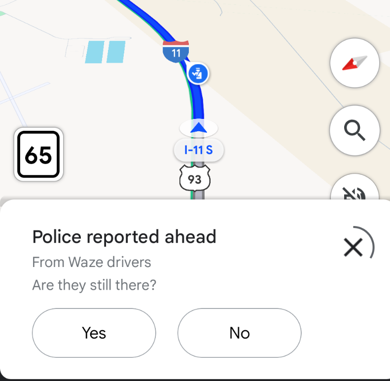 Google Maps warning "police reported ahead"